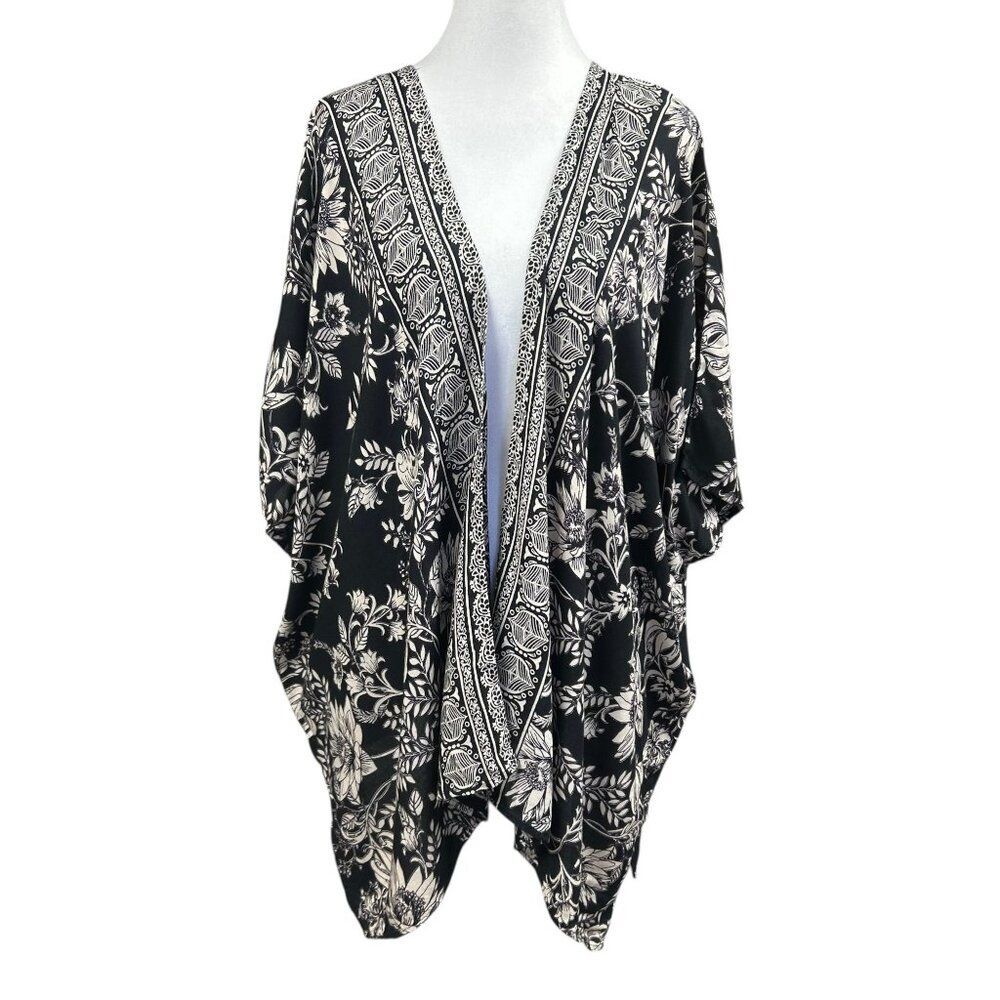 Angie Floral Print Open Front Kimono Sz M Black